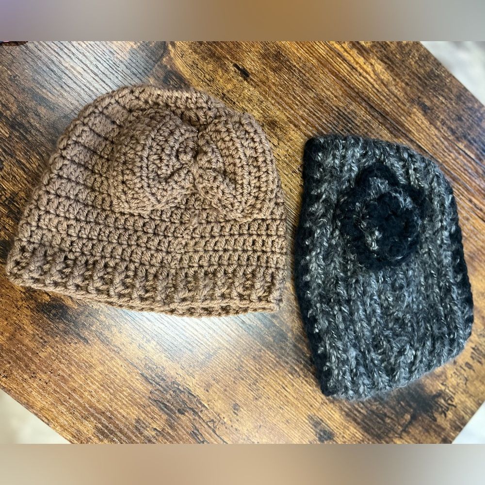 Floral Head Wrap and Bow Knit Cap with Ponytail Hole Bundle of Two 💗